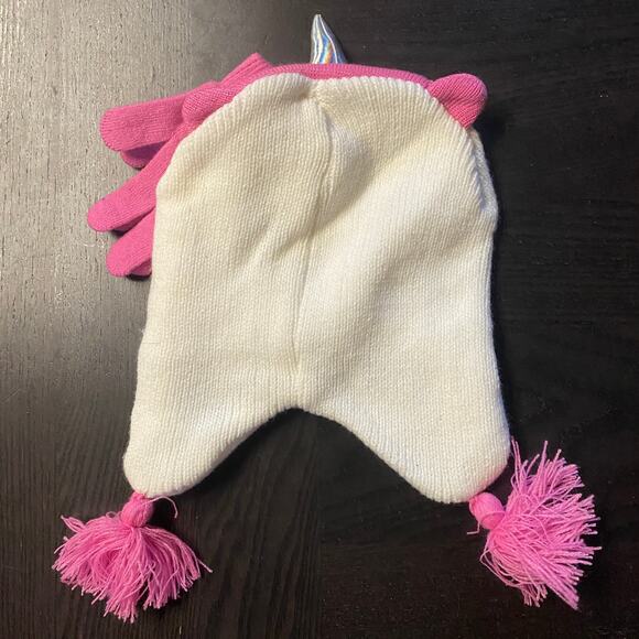 NWT Girls White Pink Unicorn Chullo Beanie Winter Hat Cap & Gloves Bundle - Picture 4 of 4